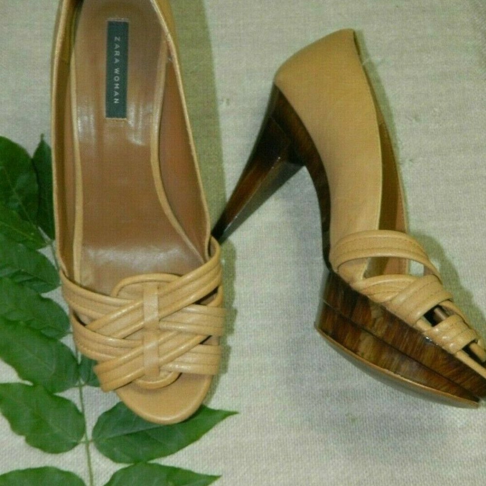 ZARA Heels Beige Tortoiseshell  Peep Toe Platform  Sexy Shoes Size 10